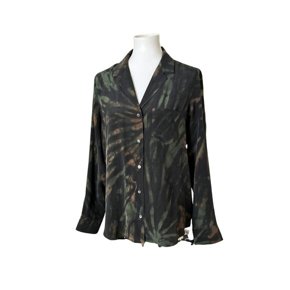 Rails 100% Silk Tie-Dye Blouse – Green & Brown Long Sleeve Button Down, Size M - Picture 1 of 5